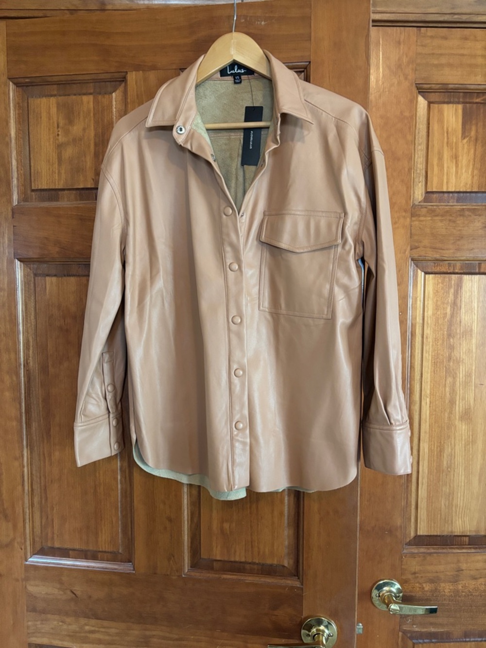 Lulu's Tan Faux Leather Button-Up Shirt Jacket